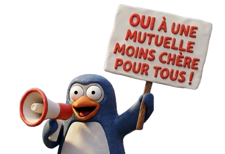 Manchot avec un mégaphone et une pancarte oui à une mutuelle moins chère
