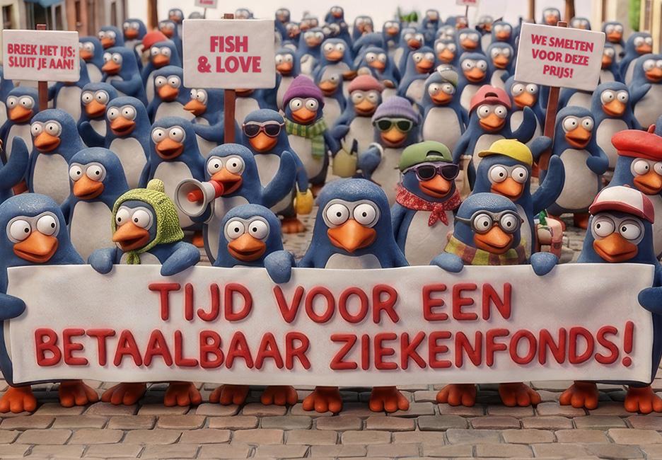 penguins marching with banner