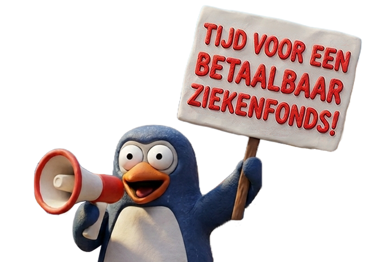 Penguin met megafoor en bordje tijd voor een betaalbaar ziekenfonds