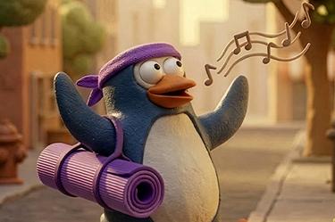 Penguin with yoga mat singing