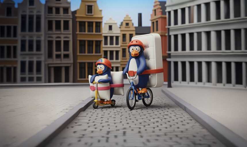 Penguins on a bike and scooter with protection