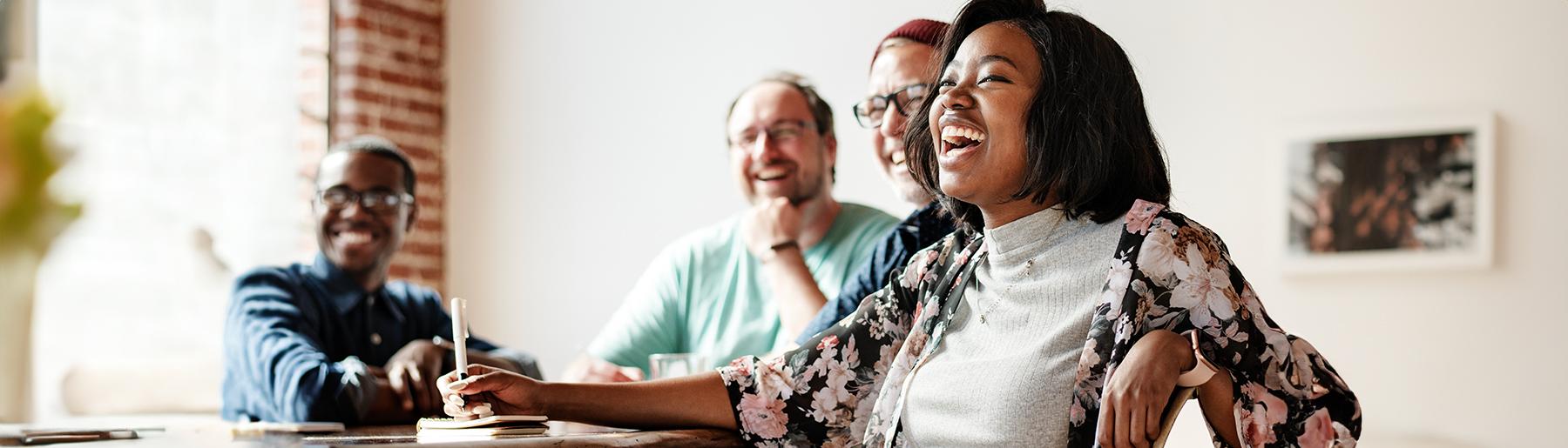  Meeting with professionals, laughing