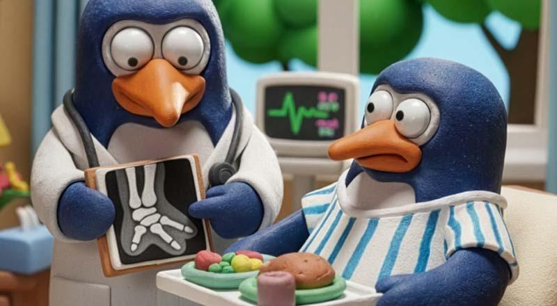 Penguin in hospital looking at results doctor Penguin in hospital looking at results doctor