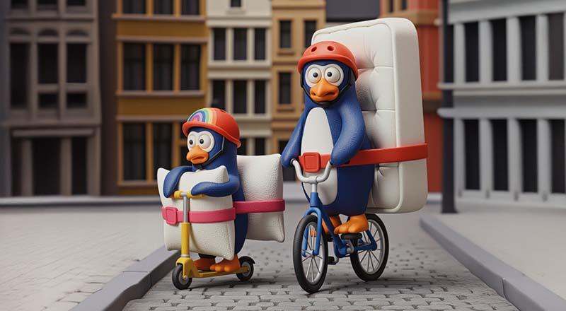 penguin parent with kid on bike and step with protection